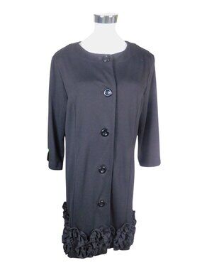 Appraisal Black Ruffle Hem Button-Front Coat Medium 3/4 Sleeve Polyester Blend